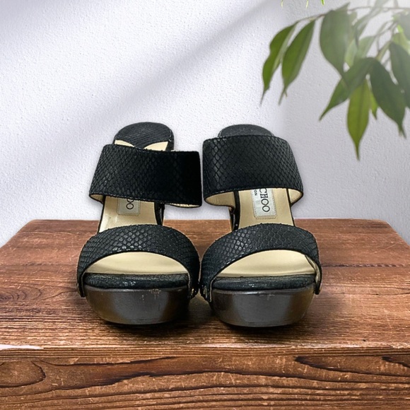 Luxury Jimmy Choo Ulrika Black Leather Snakeskin Wood Heels Size 38 - Picture 3 of 7